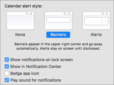 **Figure 48:** For each app (Calendar is selected here) you can choose from three notification styles—None, Banners, or Alerts.