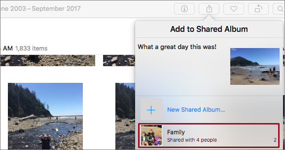 **Figure 121:** To share an image with the group, select it, click the Share button, and then click iCloud Photo Sharing. Make sure to select the Family album (outlined in red).