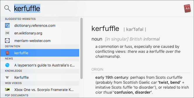 **Figure 34:** Use Spotlight to look up what a word means. You’ll see links to other dictionaries under the Suggested Websites header; select one and press Return to see the word’s definition there.