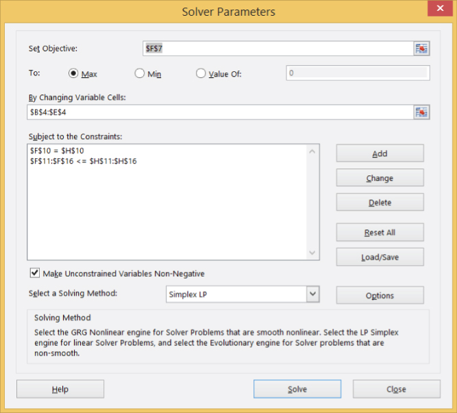 Screenshot of Solver Parameters dialog box with $F$7 value entered in Set objective option,$B$:$E$4 in By Changing Variable Cells option. 