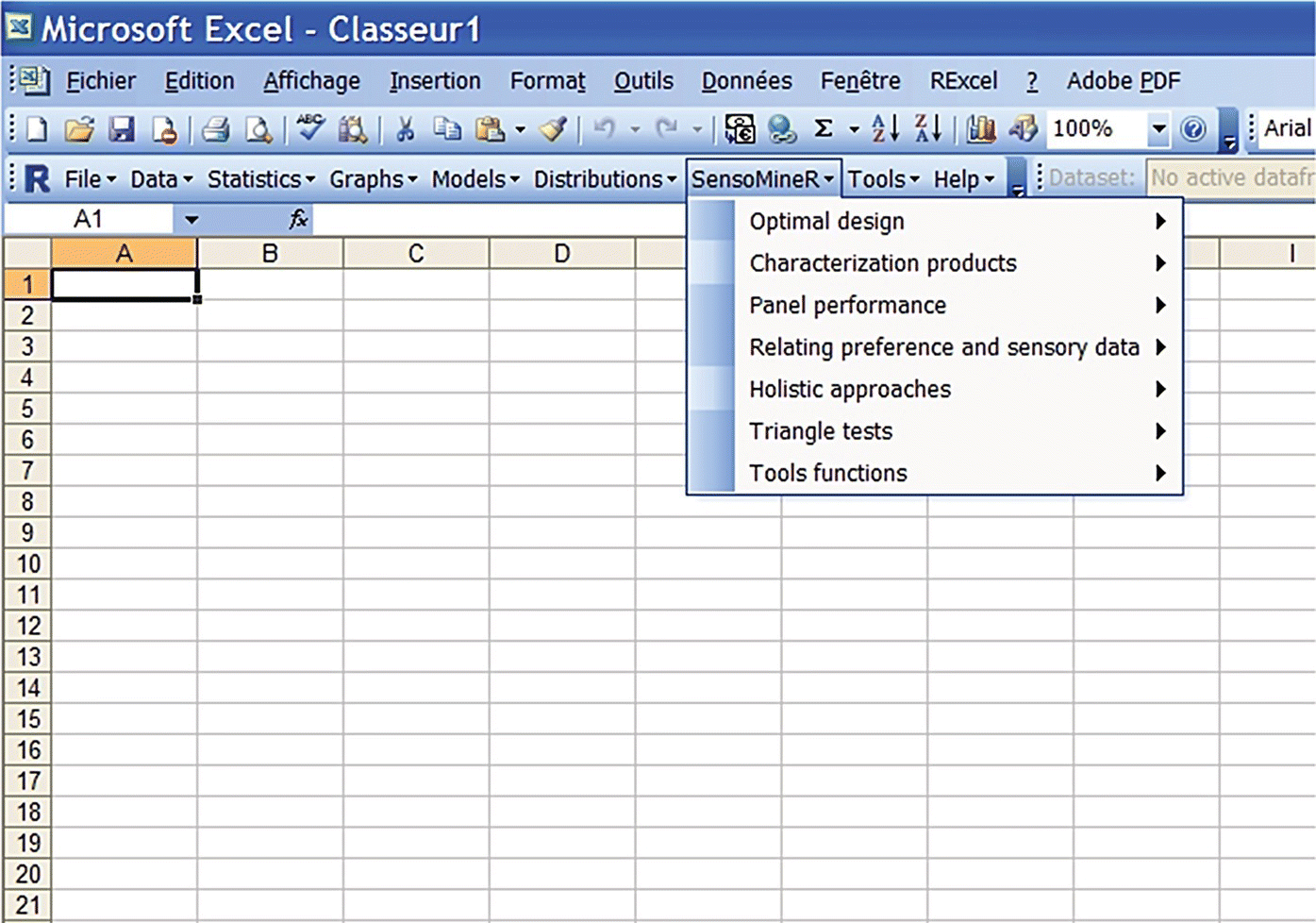 Snipped image of Microsoft Excel-Classeur1 with selected SensoMiner menu. 