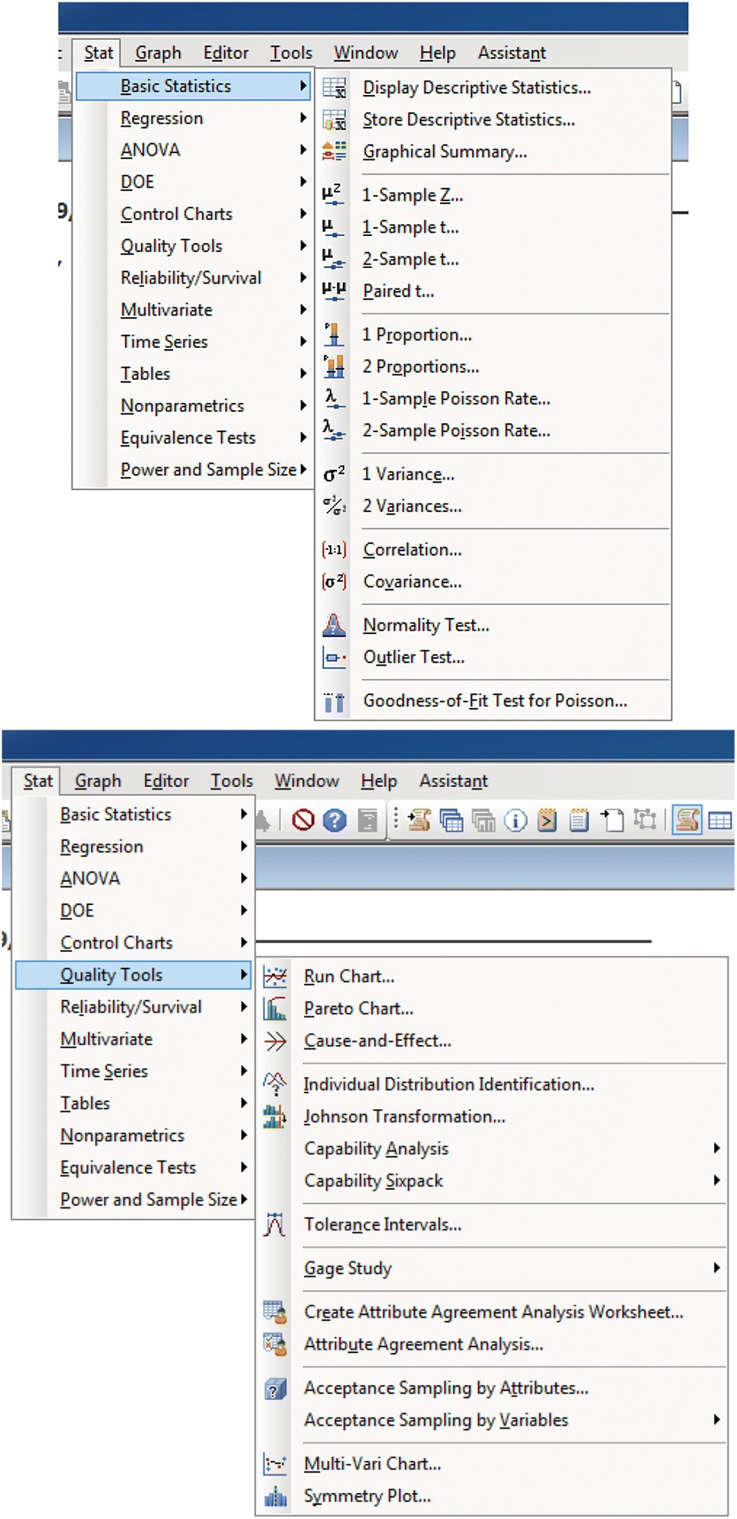 Two snipped images displaying menu options for Basic Statistics (top) and Quality Tools (bottom) under Stat menu.