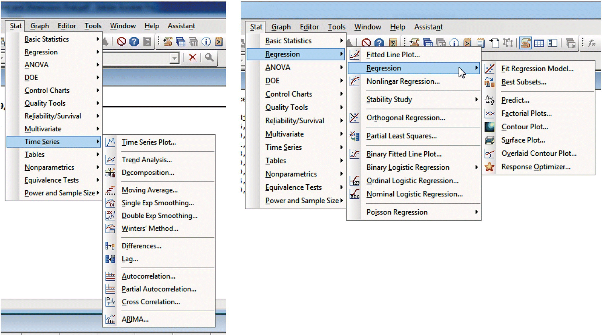 2 Screen captures of the Minitab window displaying a dropdown lists of the different Time Series options (left) and the different Regression options (right).