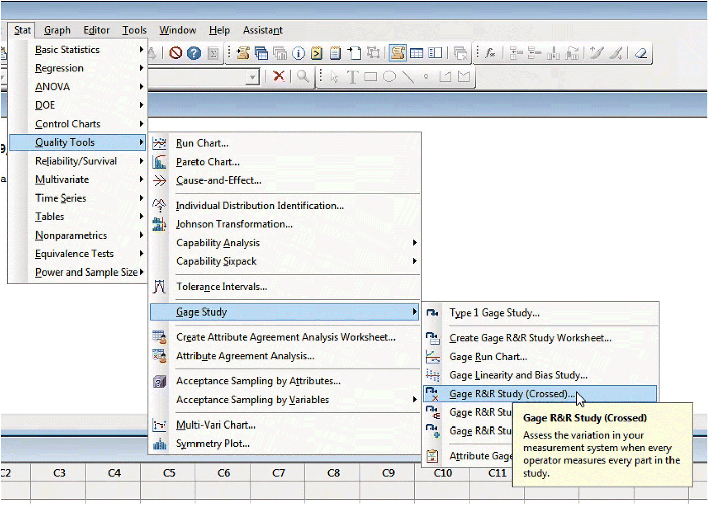 Screen capture of the Minitab window displaying a dropdown list for Quality Tools options to a dropdown list for Gage Study with Gage R&R Study (Crossed) selected.