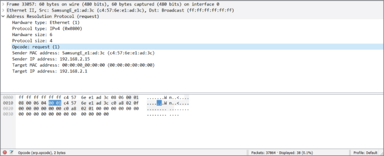 Snapshot of ARP packet Opcode window.