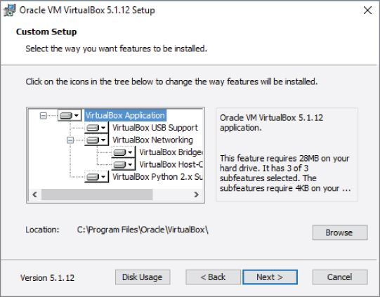 Snapshot showing VirtualBox feature selection window.