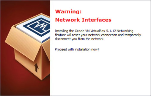 Snapshot showing VirtualBox networking warning window.