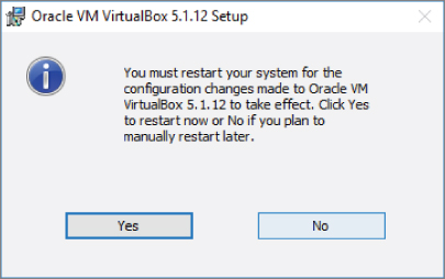 Snapshot showing VirtualBox GUI and restart window.