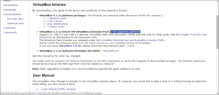 Snapshot showing VirtualBox Extension Pack download screen.