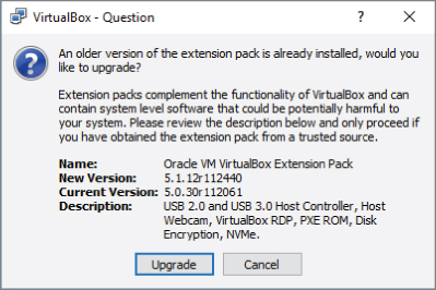 Snapshot showing VirtualBox Extension Pack installation dialog box.
