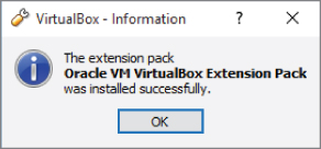 Snapshot showing Successful VirtualBox Extension Pack installation dialog box.