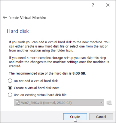 Screenshot of Creating virtual disk window.