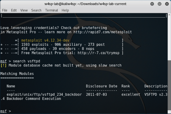 Snapshot showing Searching for the VSFTPD exploit window.