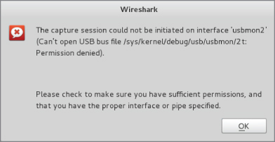Snapshot of Wireshark usbmon error screen.