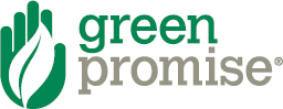 Image shows a green color hand with white leaf-like structure and  also words “green” in green color and “promise” in grey color.