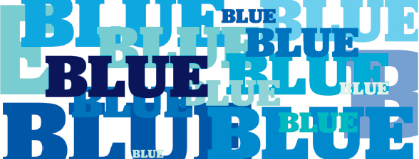 Image displays word BLUE in capital letters and different sizes also each
 word is in various blue colors.