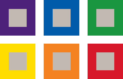 Picture of six different colors of sqaures and each having gray square at centre.