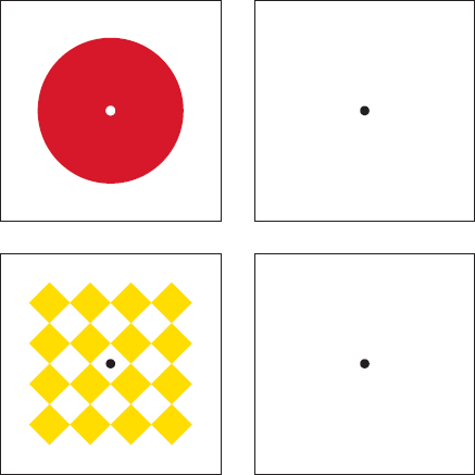 Picture of four boxes: One has white circle surrounded by red sphere, 
another has alternative yellow versus white square boxes and remaining have black circles at centre.