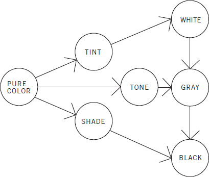Image of a color tree explaining formation of white, gray and black from pure 
color by tint, tone and shade.