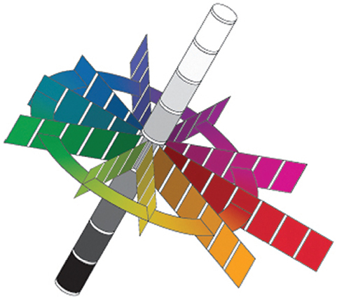 Image of a three dimensional color tree with different combination of colors in
 which a wheel and blades attached at centre of a rod like structure.