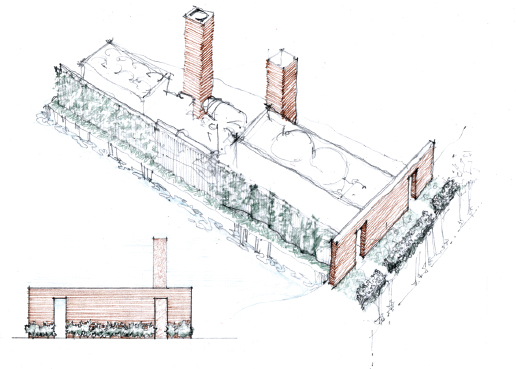 Diagram shows a sketch of old factory like building: Top view and front view.