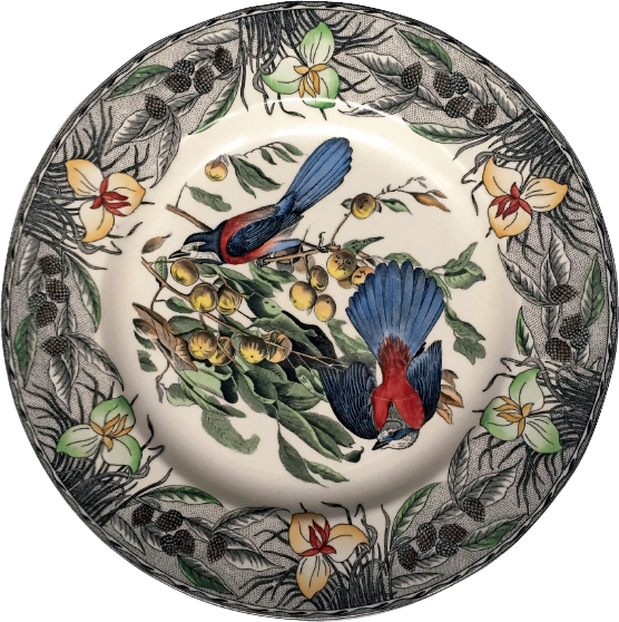 Photo of a painted dinner plate has image of birds sitting in branches of a tree.