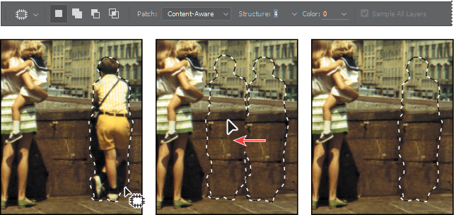 A set of four screenshots show how to apply a content-aware patch.