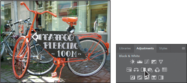 A pair of screenshots show how to convert a color image to black and white.