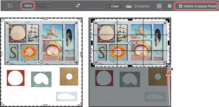 A set of three screenshots show how to crop an image.