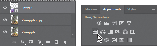 A screenshot on the left shows the Flower2 layer selected in the Layers panel. A screenshot on the right shows the cursor clicking on the Hue/Saturation icon in the Adjustments panel.