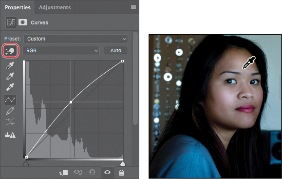 Two screenshots show how to brighten an image and improve contrast using the on-image adjustment tool in the Curves panel.
