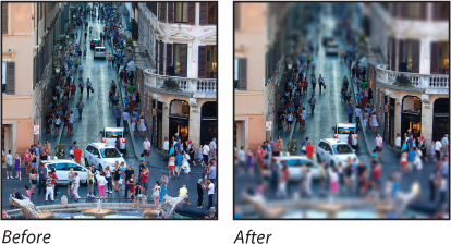 Two images placed side by side of a busy street with cars and pedestrians show how Tilt-Shift blur can be used to define area of sharpness and fade to a blur around the edges.