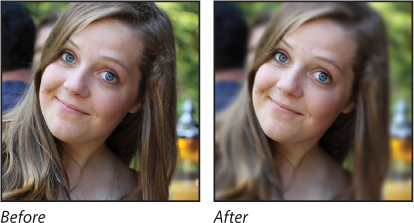 Two images placed side by side of a smiling girl show how the Iris Blur can be used to focus on a subject by simulating a shallow depth-of-field effect.