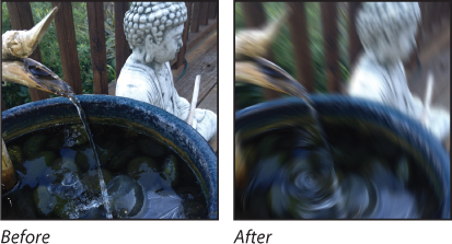 Two screenshots show before and after effects of applying a Path Blur to a photo.