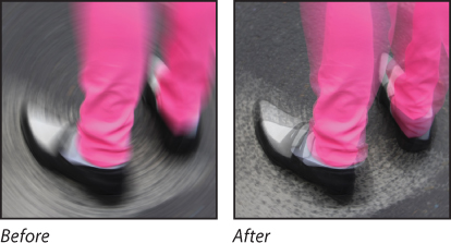 Two screenshots show before and after effects of adding a strobe effect to spin and path blurs in a photo.