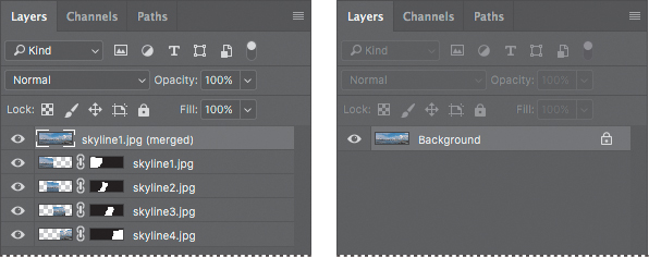 A screenshot to the left shows a Layers panel with the skyline1.jpg (merged) file layer selected and skyline1.jpg, skyline2.jpg, skyline3.jpg, and skyline4.jpg layers below. A second screenshot shows the Layers panel with the Background layer.