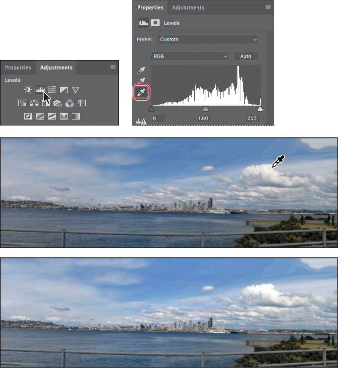 A set of four screenshots show the process of brightening the panorama image of Seattle's skyline.