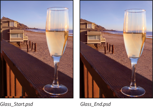 Two screenshots show the images in the files Glass_Start.psd and Glass_End.psd.