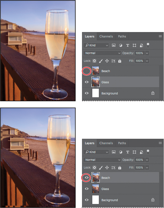 Four screenshots show the fifth step in the process of extending depth of field of the wine glass image.
