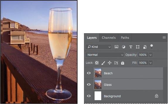 A screenshot to the left shows the Layers panel with the Beach layer and the Glass layer selected. A screenshot to the left shows the image of the wine glass and beach.
