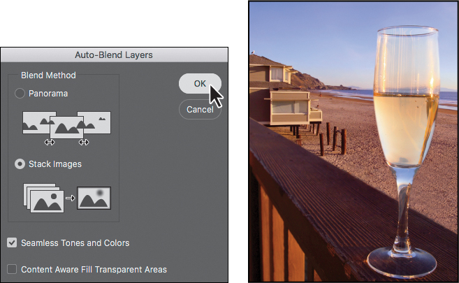 A screenshot shows the Auto-Blend layers box with Stack Images and seamless Tones and Colors selected and the cursor at OK. A second screenshot shows the wineglass and the background in focus.