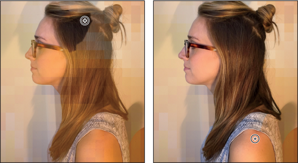 Two screenshots side by side show how the Quick Selection tool is used to mask the face, hair and shoulders of the girl in the image.