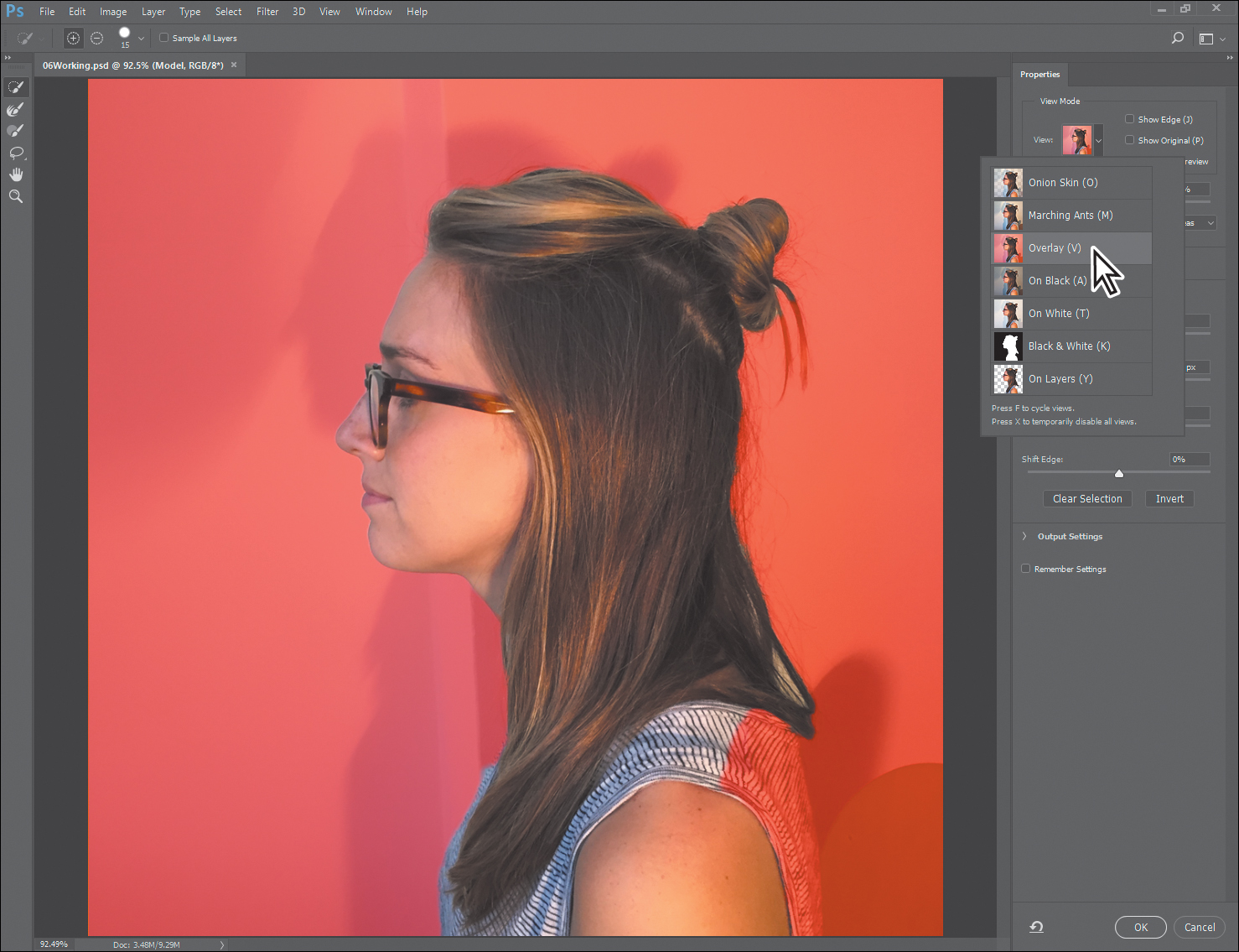 A screenshot shows an image of a girl with a semitransparent red color.