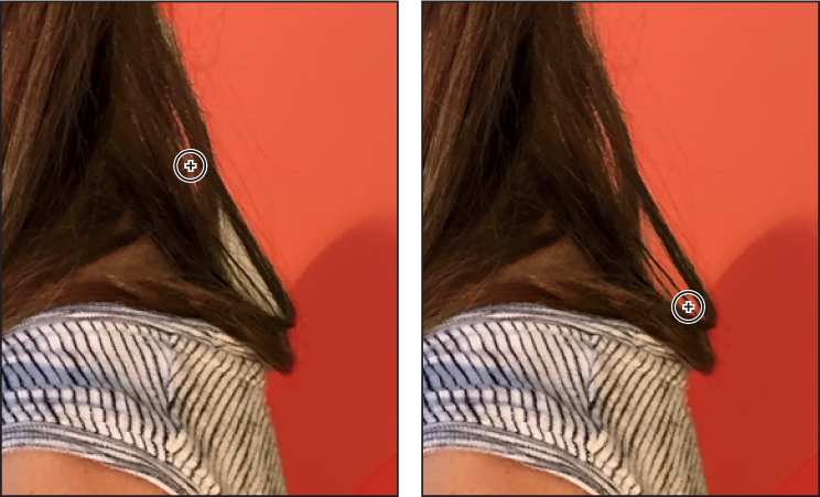Two side-by-side screenshots show an area near the shoulders where an area was missed during the masking, which is later corrected.