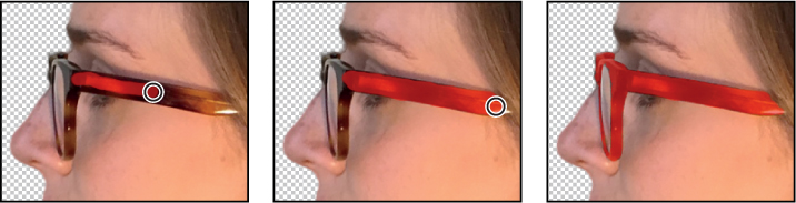 Three small screenshots side by side illustrate the process of changing the color of the glasses frame.