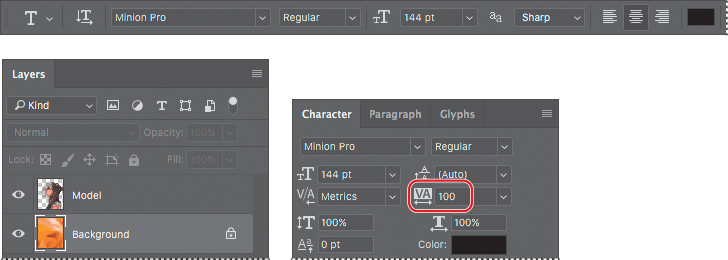 An image provides screenshots of Horizontal Type tool, Layers panel, and Character panel.