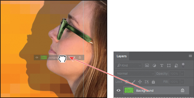 Two screenshots side by side show how to apply a background from a Layers panel to a cover.