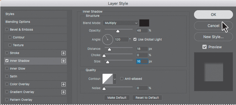 A screenshot of a Layer Style dialog box displays the following:  Blending Options: Inner Shadow  Blend Mode: Multiply  Opacity: 48%  Distance: 18  Choke: 0  Size: 16