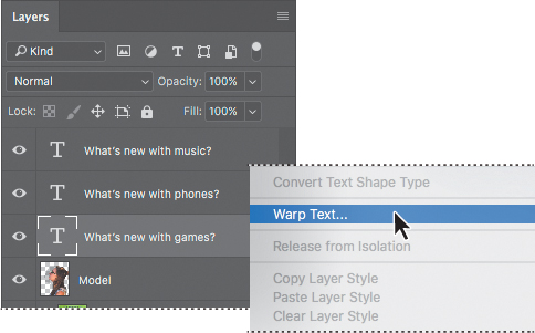 Two screenshots show the selection of Warp Text from a context menu of a layer in the Layers panel.