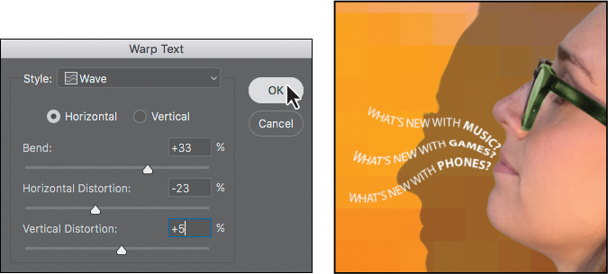 Two screenshots show a Warp Text dialog box and a portion of a cover.